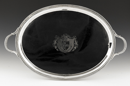This English silver tray bears the touch of Robert Garrard. Estimate: $4,000-$7,000. Image courtesy of Pook & Pook Inc. 